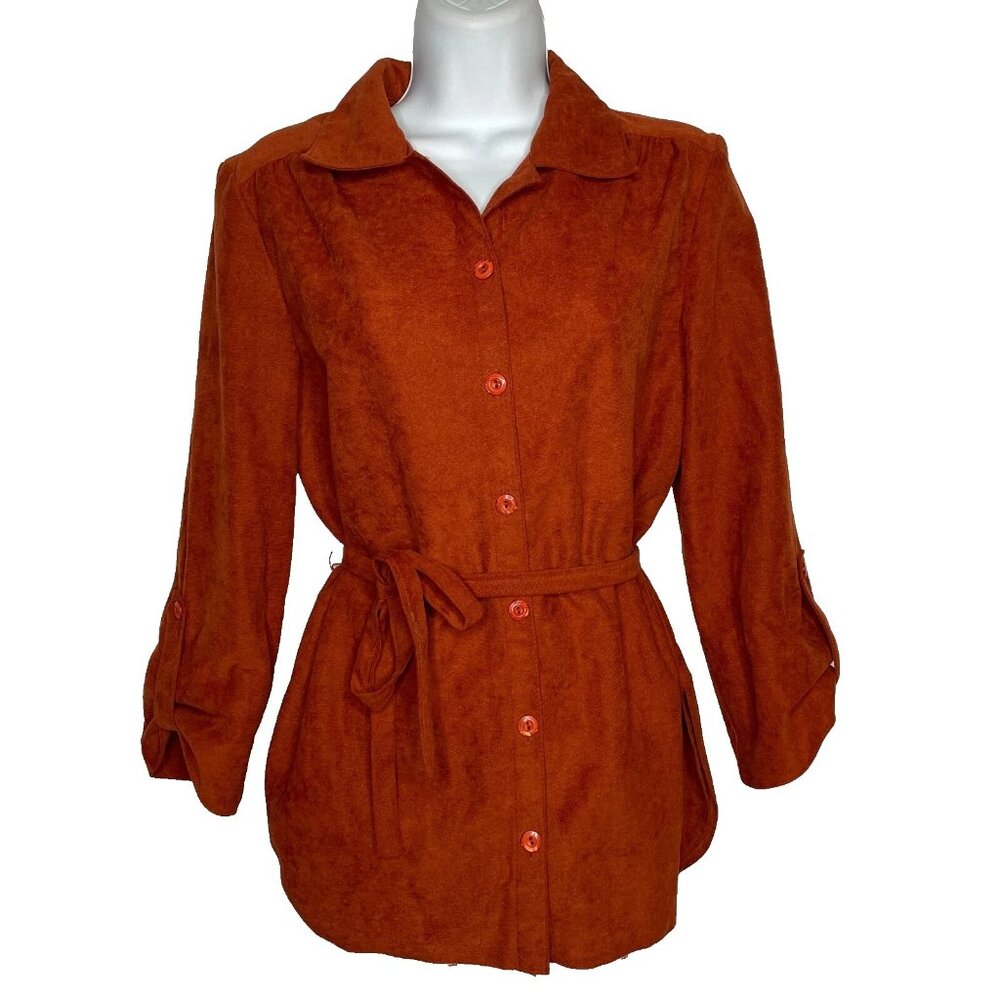 Vintage 70s West End Brushed Velour Belted Top Size 8 Rust Brown Roll Tab Sleeve